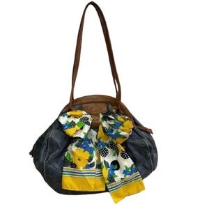 Anthropologie Lucky Penny Blue Leather Hobo w/bow detail Tassel Pull Zip Boho